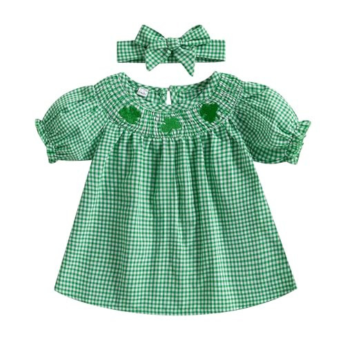 Baby Girl St Patricks Day Outfit Clover Embroidered Smocked Dress Plaid Puff Sleeve Dresses Toddler Spring Clothes (Green, 2-3 Years) | Amazon (US)