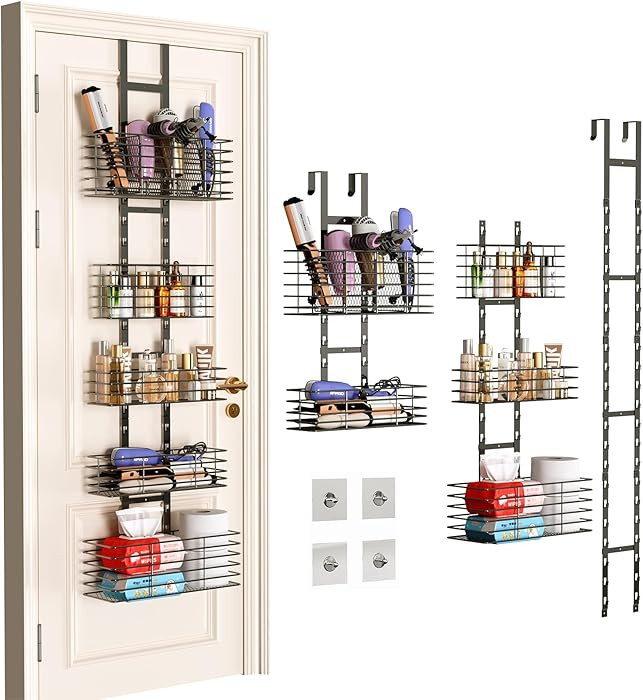 5-Tier Over The Door Bathroom Organizer - Hair Dryer Holder - Hair Tool Organizer Adjustable Heig... | Amazon (US)