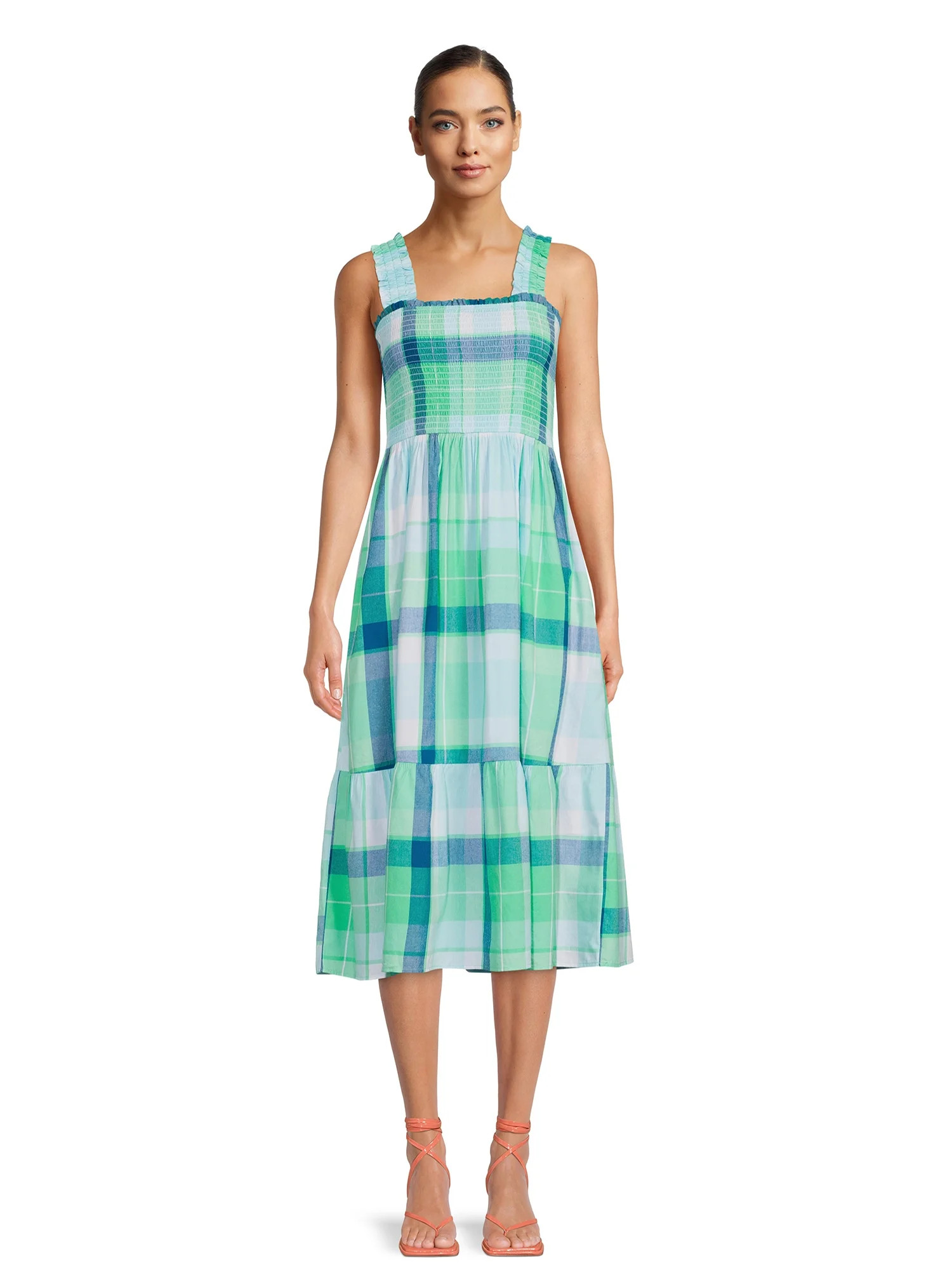 Time and Tru Women's Smocked Midi Dress with Ruffle Straps | Walmart (US)