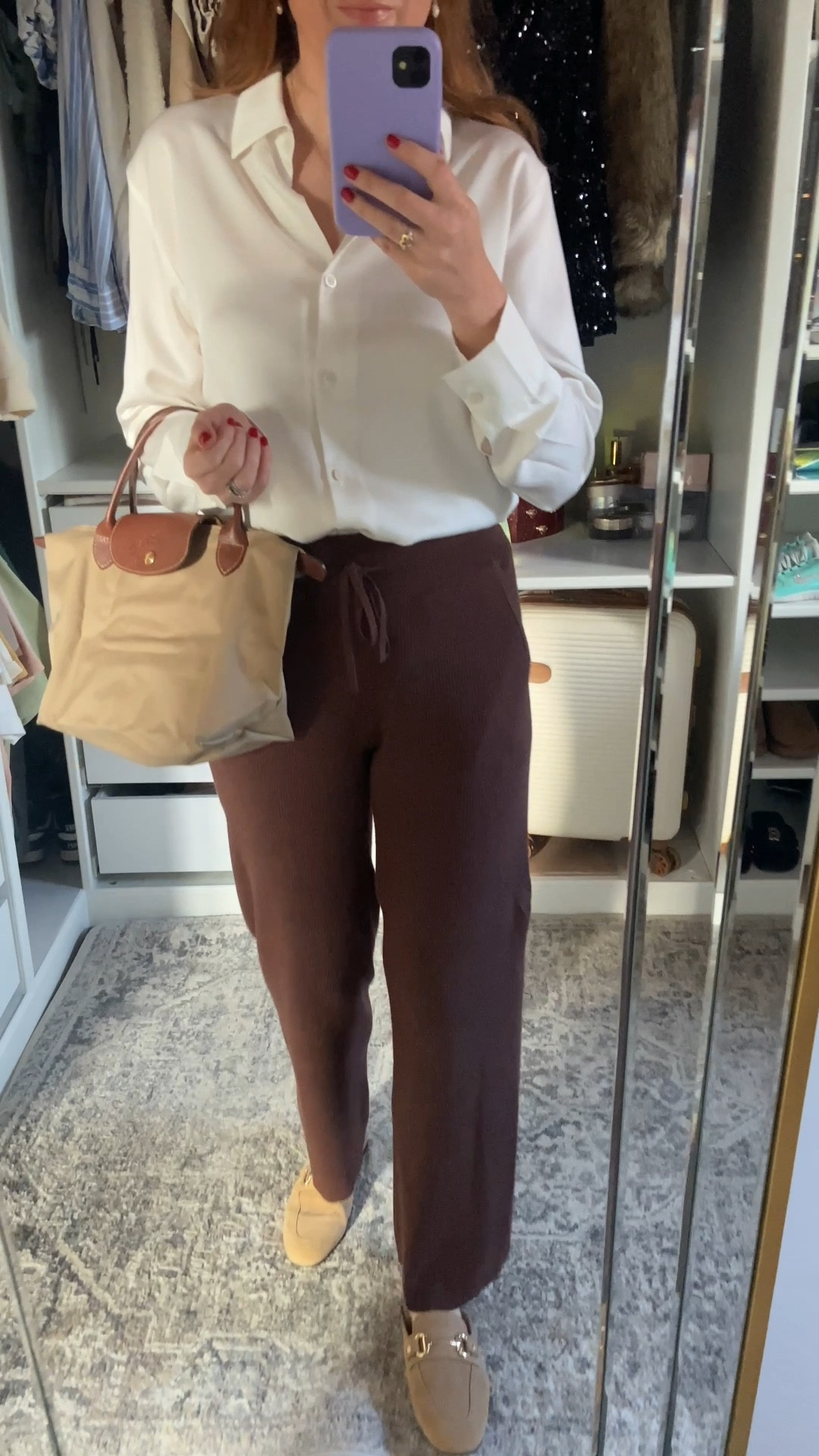 Effortless neutrals for a polished day to night look 🤎☕️🍸 Tan loafers, brown knit trousers, and a cream satin shirt elevated with my Longchamp Le Pliage. Perfect for after work plans, a date night, or afternoon tea. Autumn outfits, date night outfit, after work outfit

#LTKdatenight #LTKuk #LTKworkwear