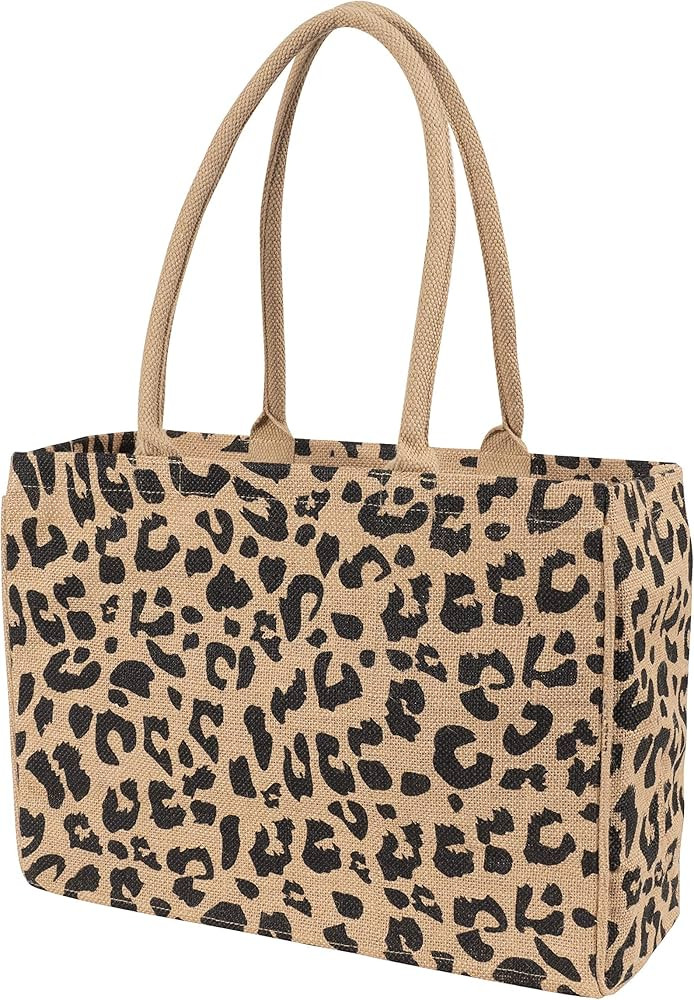 KAF Home Leopard Print Jute Market Tote Bag, Durable Handle, Reinforced Bottom and Interior Zippe... | Amazon (US)