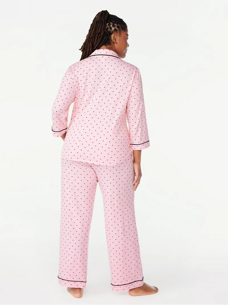 Joyspun Women’s Cotton Blend Notch Collar Top and Pants Pajama Set, 2-Piece, Sizes S-4X | Walmart (US)
