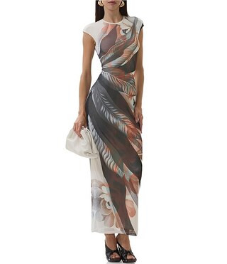 AFRM Cody Leaf Print Mesh Crew Neck Cap Sleeve Maxi Dress | Dillard's | Dillard's