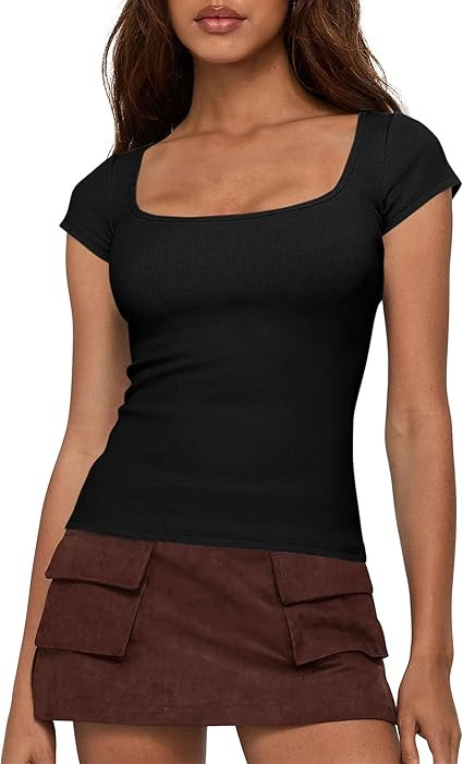 BTFBM T Shirts for Women Square Neck Tops 2026 Spring Trendy Fashion Going Out Workout Y2k Clothe... | Amazon (US)