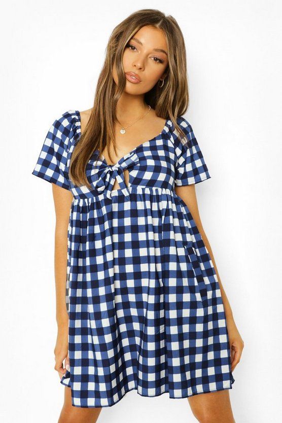 Gingham Front Knotting Smock Dress | Boohoo.com (US & CA)