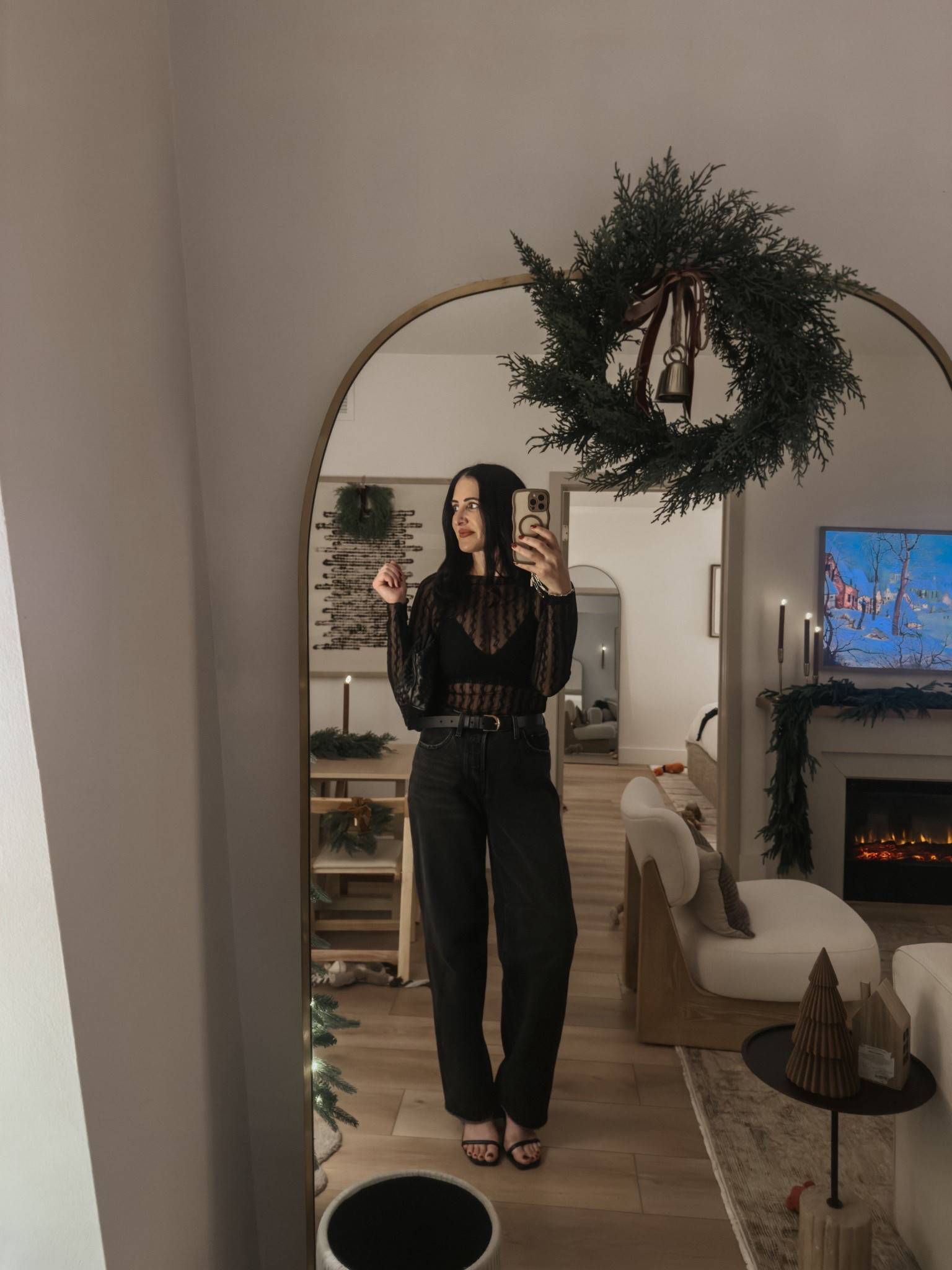 This black lace top from target is so cute! I have it in nude too.  Wear it with a bra under or tank. Paired with my Target black 90s baggy jeans. (Size down). This was my outfit for an art Basel event last night! 

#LTKSeasonal #LTKOver40 #LTKHoliday