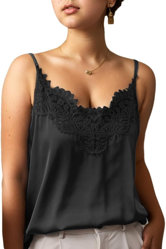 Silk Camisole Tops for Women, Sexy V-Neck Silk Satin Tank Tops Lace Trimmed Camisole | Amazon (US)