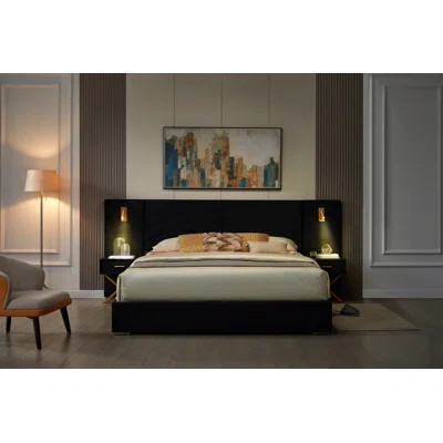 Velvet Upholstered Platform Bed With Wingback Headboard, Built-in Bedside Tables, Led Lights, And Strong Wooden Slats, No Box Spring Needed | Wayfair North America