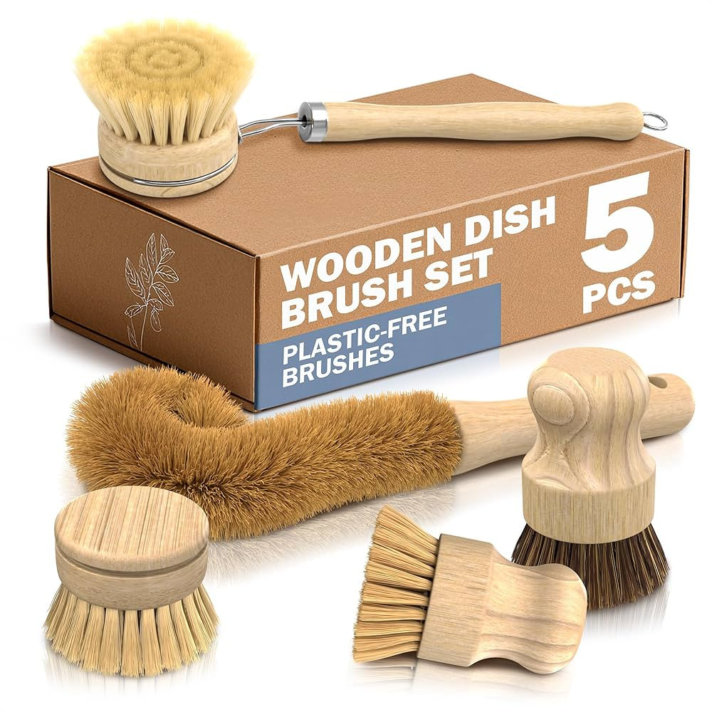 Juego de 5 cepillos de bambú para platos, cepillo de madera con mango ergonómico para fregar ol... | Amazon (US)