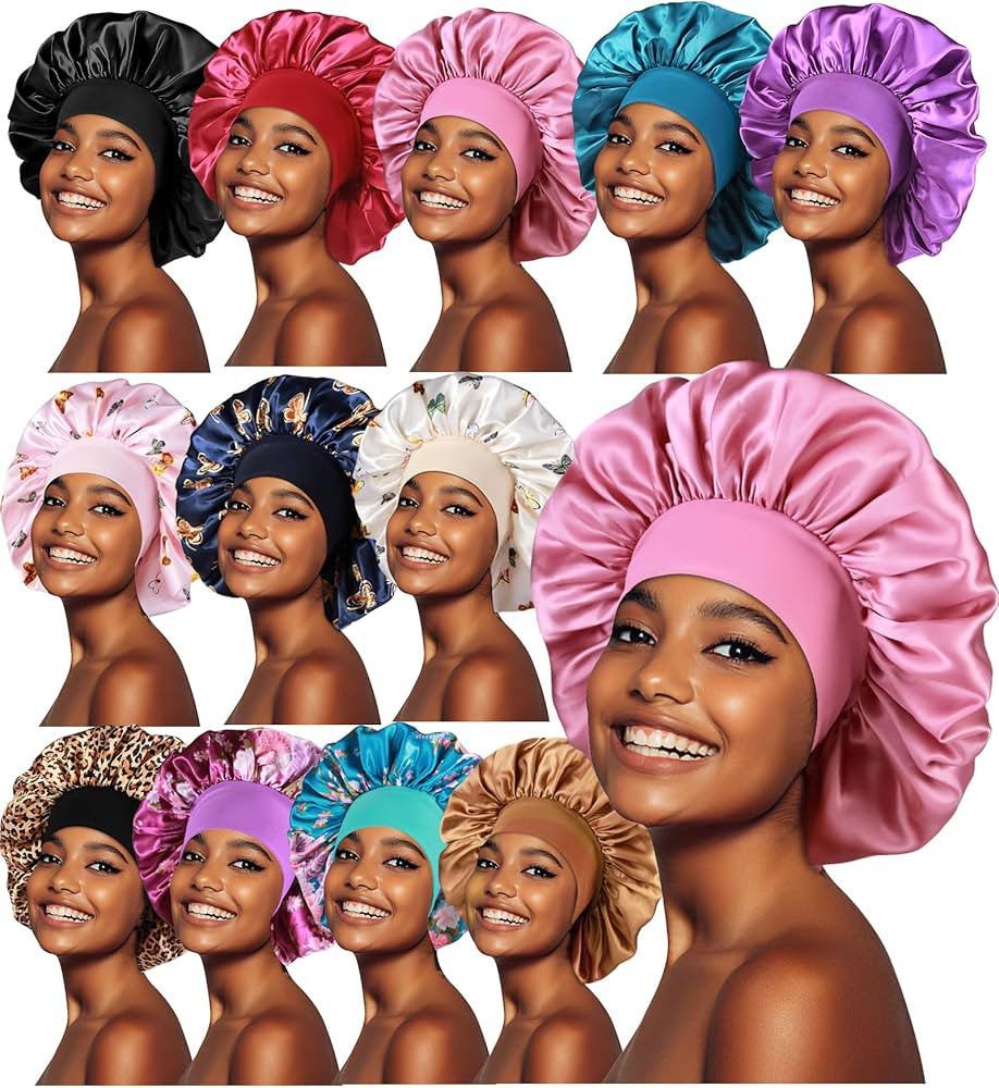 12pcs Large Satin Bonnets for Sleeping, Silky Hair Bonnet for Black Women Braid Curly Hair | Amazon (US)
