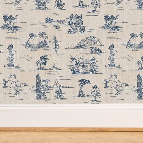VINTAGE HAWAIIAN PARADISE - BLUE ON OFF-WHITE Wallpaper bykimatolmandesignstudios | Spoonflower