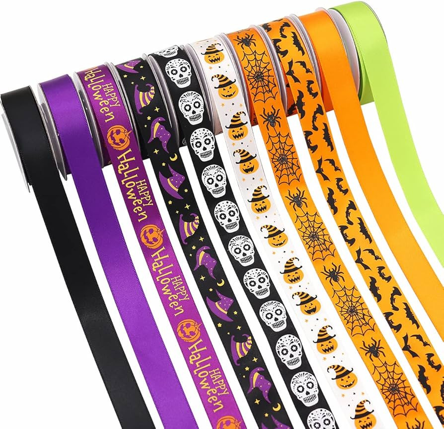 10 Rolls 50 Yards Halloween Satin Ribbon Spider Witch Hat Skull Pumpkin Ribbons Printed Ribbon Ha... | Amazon (US)