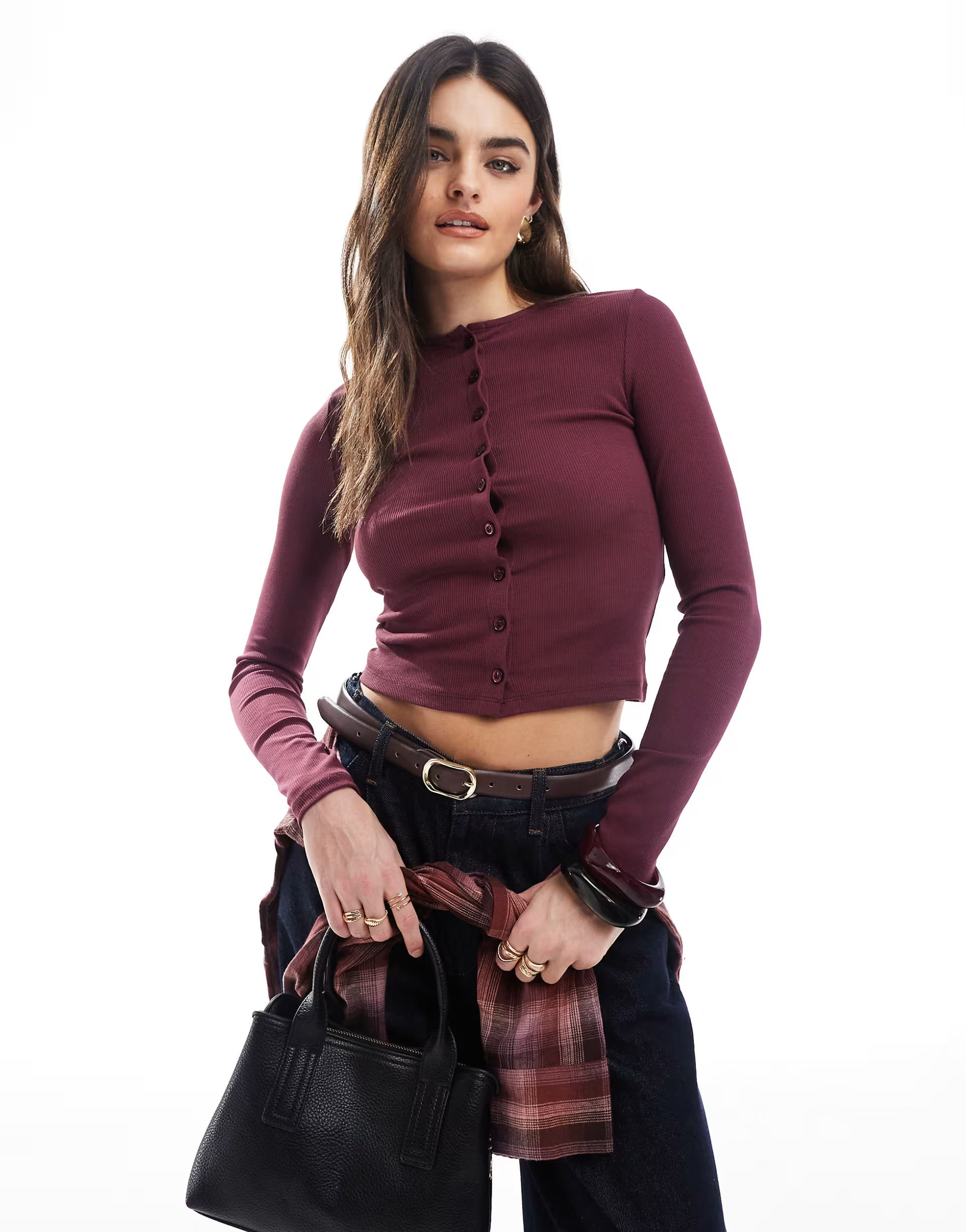 Miss Selfridge button through rib crew neck cardi in burgundy | ASOS (Global)