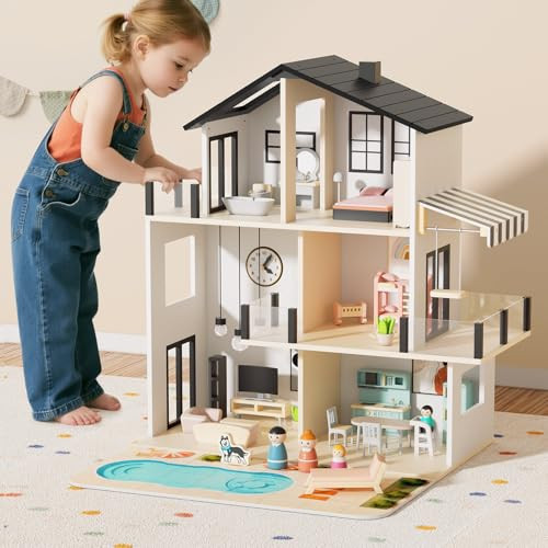 BIERUM Wooden Dollhouse, Large Modern Doll House with 44Pcs Furniture Accessories, Dolls & Pets, DIY Puzzle Pool Yard, Wood Dollhouse Toy for Toddlers Age 3+, Ideal Gift for Boys and Girls (Black) | Amazon (US)