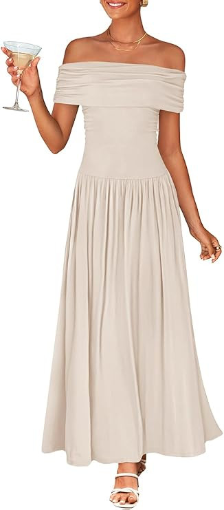 ZESICA Women's Off The Shoulder Maxi Dress 2026 Summer Sleeveless Casual Slim Swing Pleated Forma... | Amazon (US)