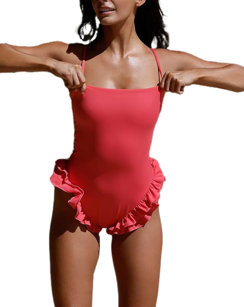 Mxiqqpltky One Piece Womens Swimsuits Y2k Ruffle Bathing Suit Spaghetti Strap Square Neck Tummy C... | Amazon (US)