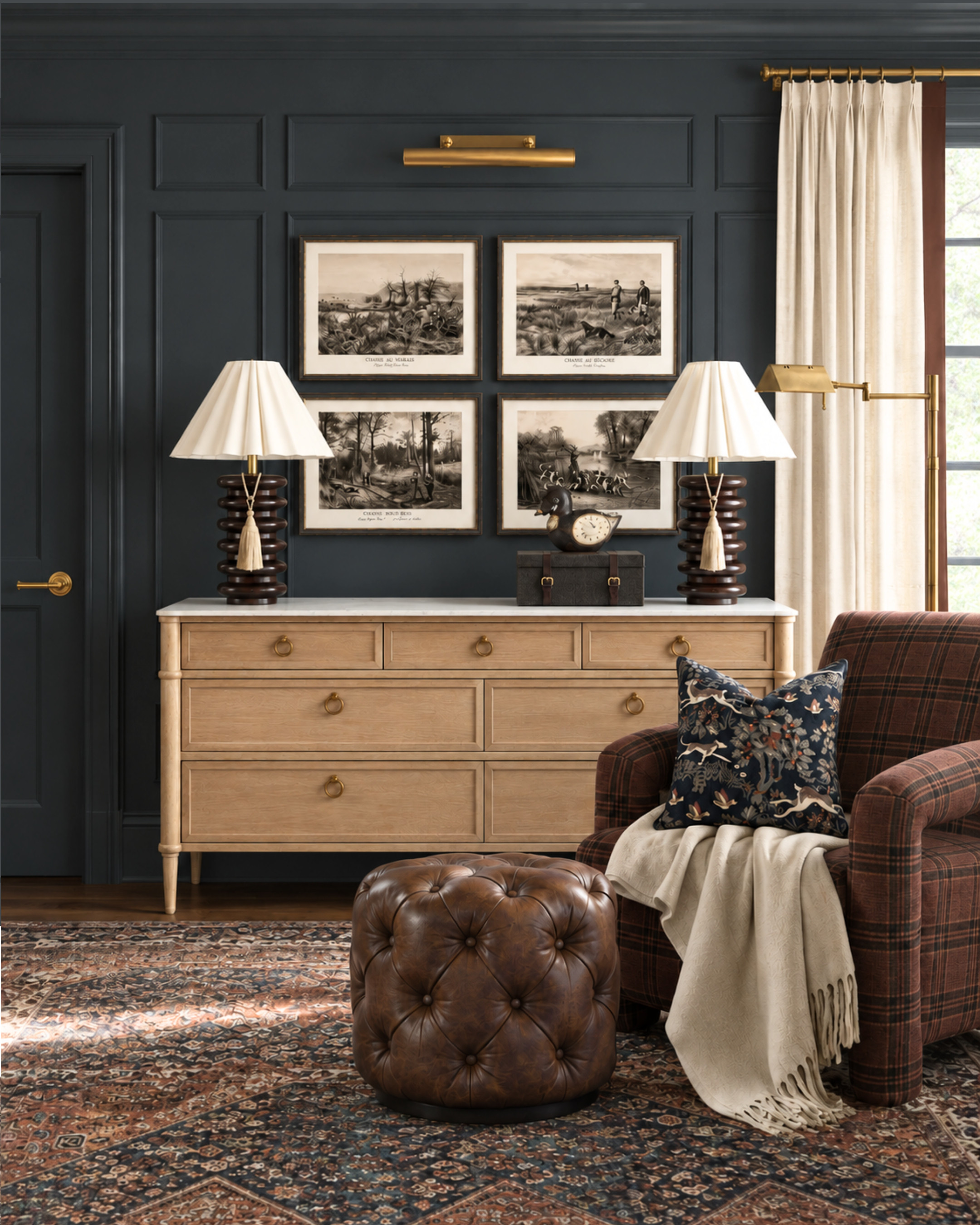 How do you bring a theme into a room without making every purchase about it?

Choose a few pieces that suggest the setting you love. Here, sporting prints and a bird-patterned pillow introduce a countryside feel. The plaid chair, tufted ottoman, and pleated lampshades build on it through texture and pattern.

Once those references are in place, use their colors to guide the remaining choices. A cream throw or warm wood dresser can belong beautifully without repeating the motif. That leaves space for books, keepsakes, and pieces you discover later—the layers that make a room feel collected.

Explore the pieces to start your own corner.

collected interiors, traditional reading corner, countryside decor, brown plaid chair, vintage sporting prints, layered bedroom decor

I may receive a commission from purchases made through my links.
 

 #LTKHome #LTKKids