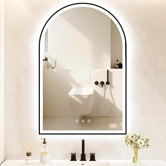 Arched LED Bathroom Mirror 24"x36" with Front and Backlight, Black Bathroom Mirror with Lights-An... | Amazon (US)