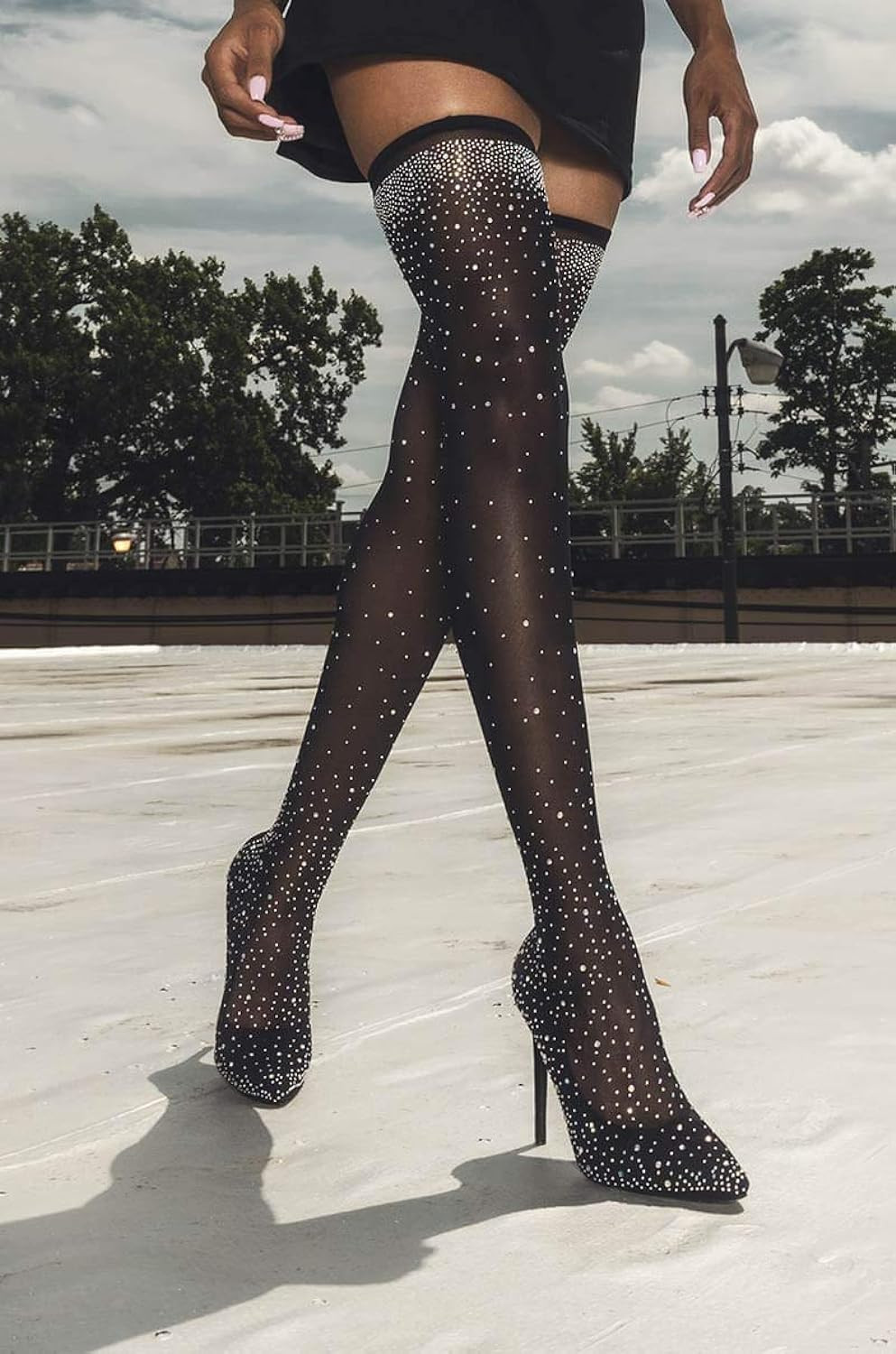 Womens Fine Stretch Mesh Socks Fit Diamante Sparkly Glamor Sexy Pointed Toe Thigh High Heeled Boots  | Amazon (US)