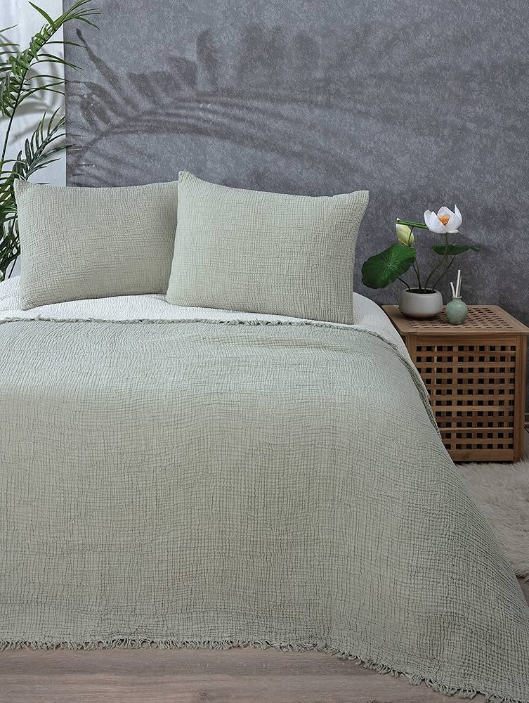 100% Cotton Muslin Throw Blanket, 4 Layers Bedspread, Soft Turkish Cotton Muslin Bed Cover, Rever... | Amazon (US)