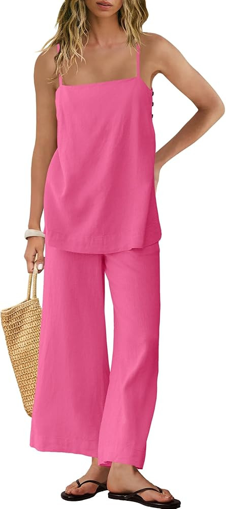 Panadila 2 Piece Linen Set Summer Travel Beach Vacation Outfit Sexy Spaghetti Strap Tank Top and ... | Amazon (US)