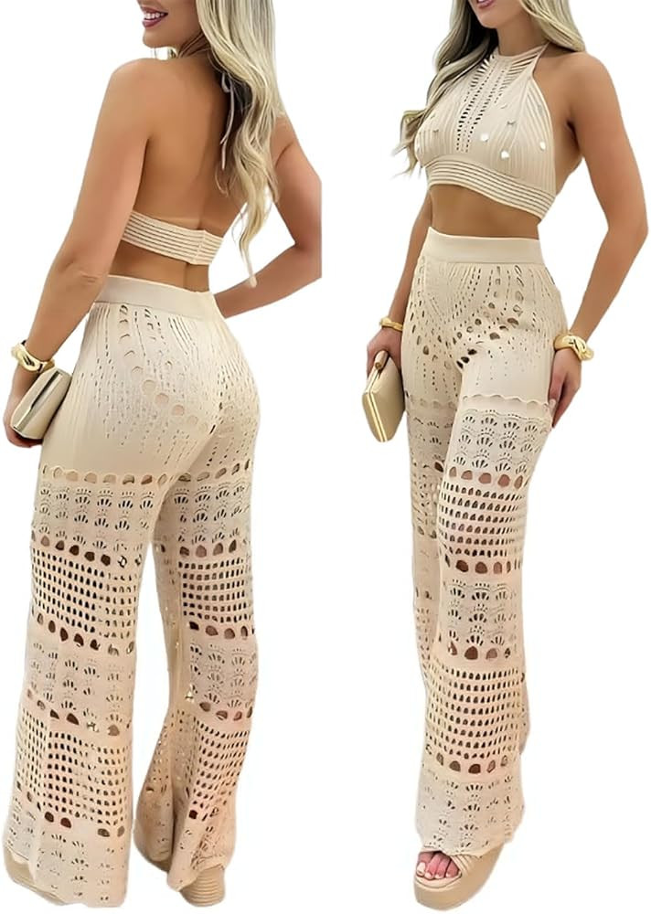 ChicMe Womens Crochet Cover-ups 2 Pieces Halter Sleeveless Crop Top and Casual Hollow-out Loose F... | Amazon (US)