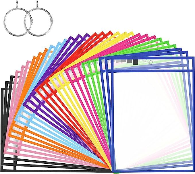 Dry Erase Pockets-Reusable Write and Wipe Pocket with 2 Rings,14.2 x 10 inches,Assorted Colorful ... | Amazon (US)