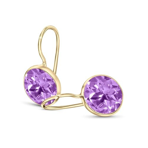 14K Gold Amethyst Gemstone Drop Earrings - Solid Yellow Gold Round Iridescent 8mm Gem Stone Earri... | Amazon (US)