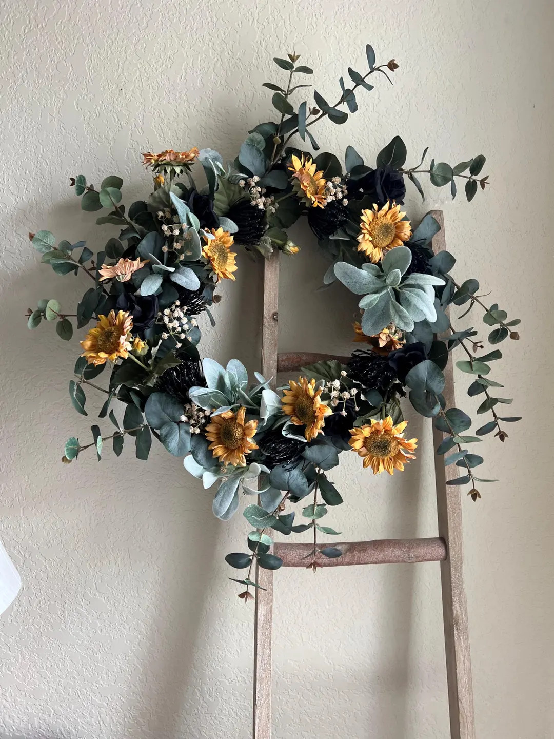 Fall Sunflower Door Wreath, Eucalyptus and Lambs Ears Porch Wreath, Halloween Decoration, Yellow ... | Etsy (US)