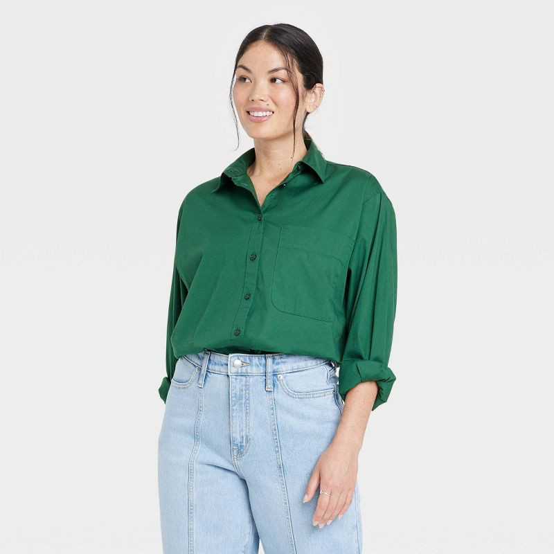 Women's Long Sleeve Button-Down Shirt - A New Day™ Dark Green S | Target