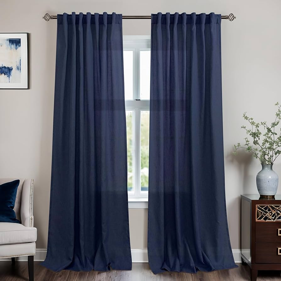 Mrs.Naturall Navy Blue Linen Curtains 84 Inch Length 2 Panels Set,Back Tab Rod Pocket Dark Blue F... | Amazon (US)