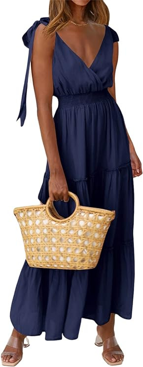 PRETTYGARDEN Womens Cross Neck Sleeveless Tiered Beach Tie Strap Smocked Maxi Dress | Amazon (US)