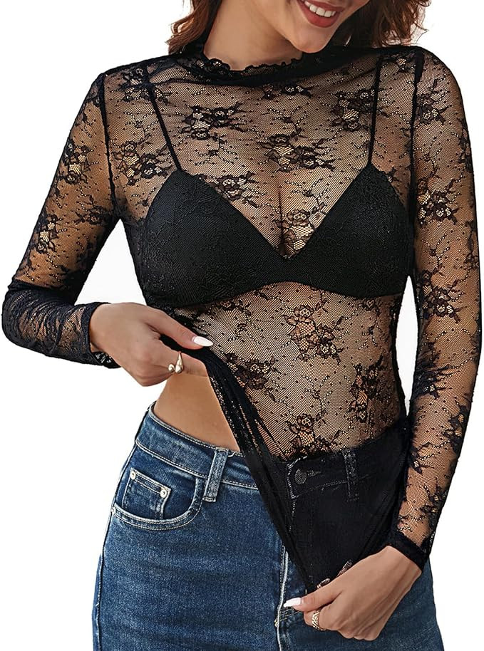 Kate Kasin Lace Tops for Women, Sexy Mesh Long Sleeve Sheer Shirts, Slim Fitted See Through Lace ... | Amazon (US)