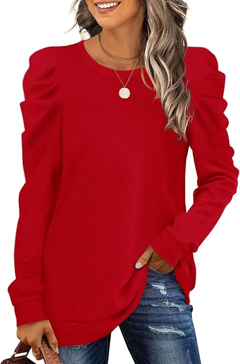 XIEERDUO Womens Sweatshirt Crew Neck Puff Sleeve Pullover Sweaters Winter Clothes Trendy Flowy | Amazon (US)