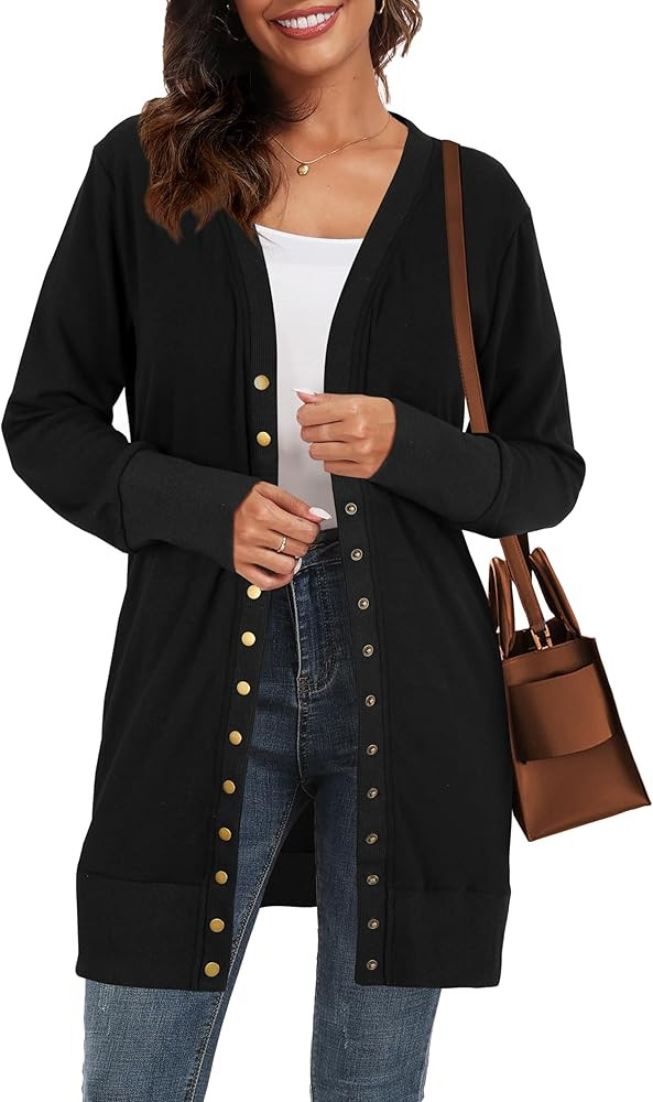 KAY SINN Long Cardigan Sweaters for Women Open Front Snap Button Knit Ribbed Cardigans Outfits | Amazon (US)
