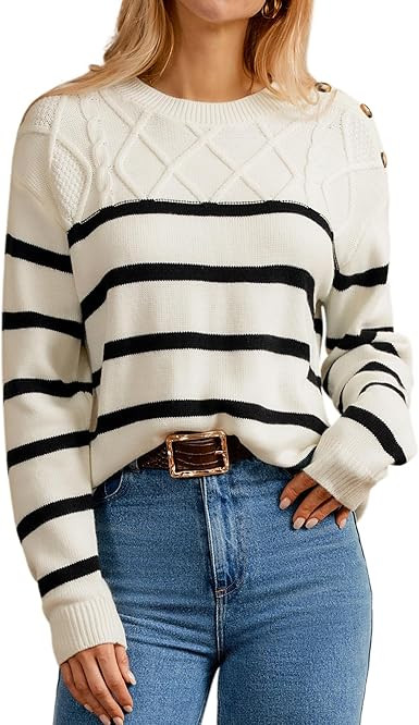 GRACE KARIN Women's 2024 Fall Winter Striped Sweater Oversized Crew Neck Cable Knit Sweater Butto... | Amazon (US)