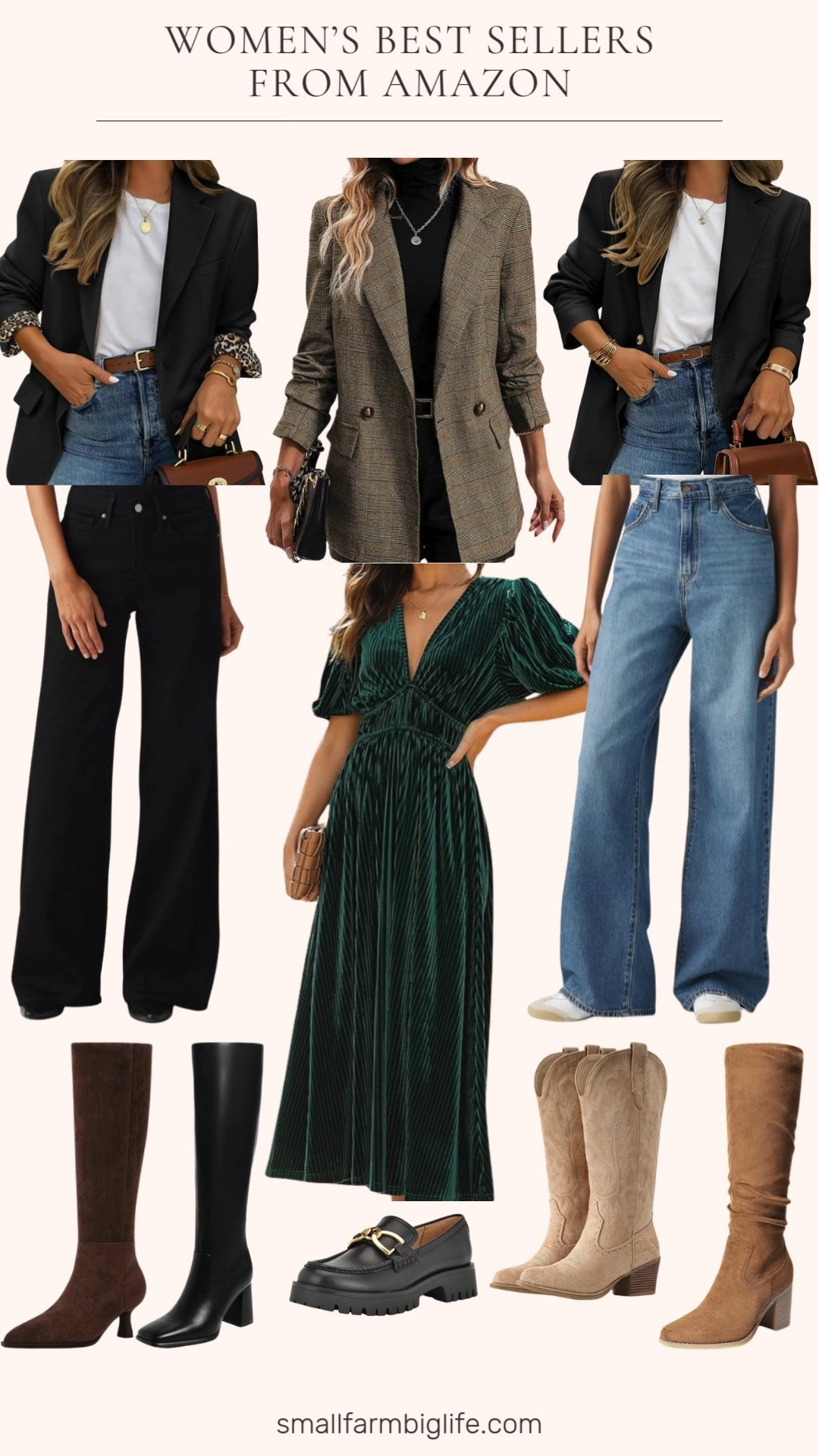 Amazon style staples you’ll wear on repeat 🤍✨ Luxe long green velvet dress, polished black + tweed blazers, wide leg denim, chic loafers, and the best knee high + western boots for every outfit. Easy to mix, effortless to elevate, and perfect for winter dressing 🤎🖤👢 

 #LTKOver40 #LTKFindsUnder50