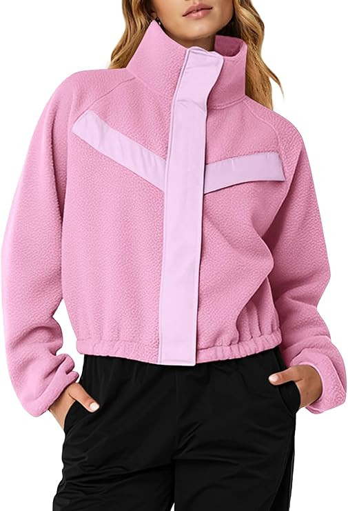 Fisoew Womens Fuzzy Fleece Cropped Jackets 2025 Fall Long Sleeve Zip Up Stand Collar Sherpa Jacke... | Amazon (US)