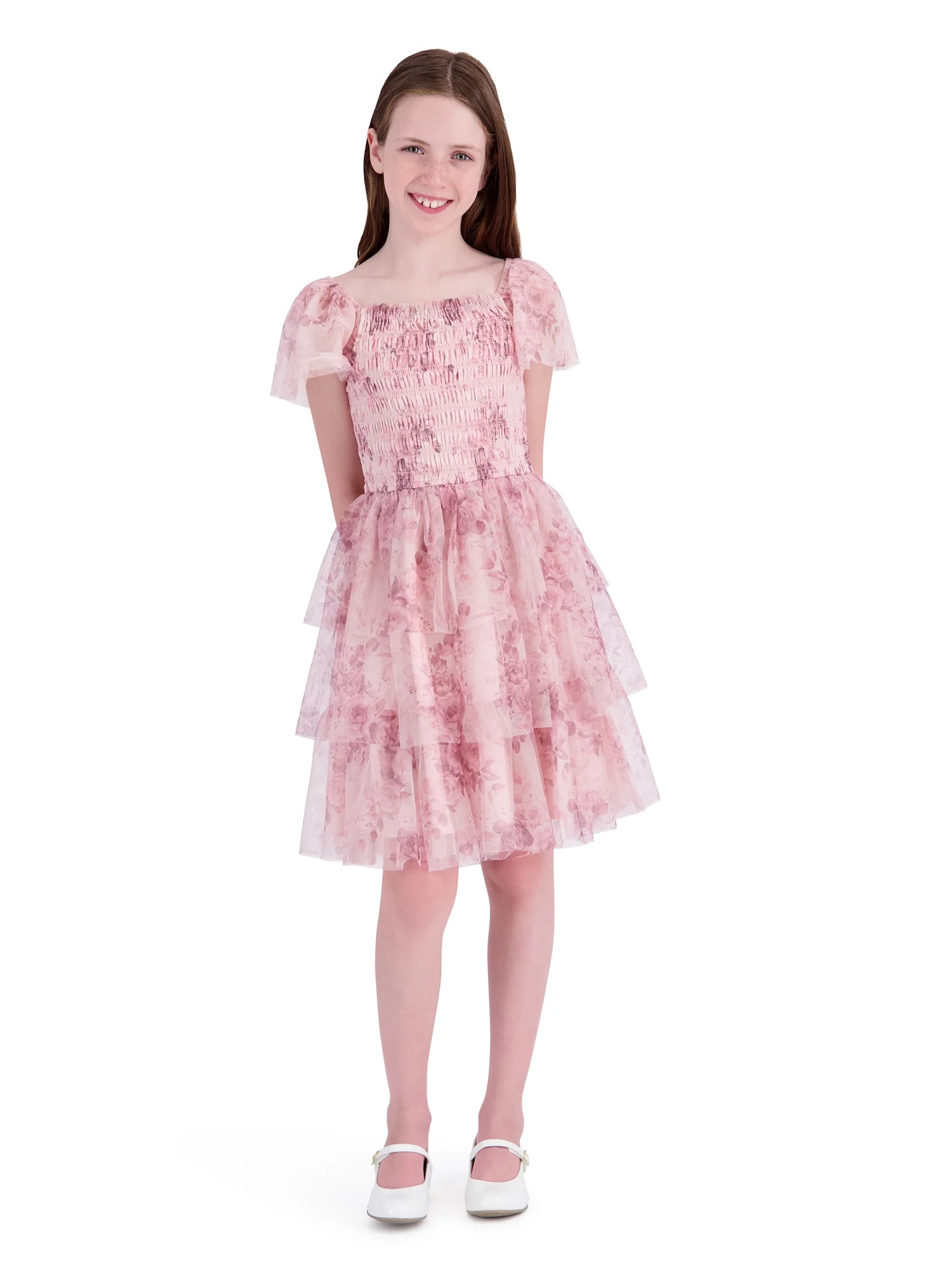 Kensie Girl Sleeveless Printed Soft Mesh Mauve Dress, Sizes 4-16 | Walmart (US)