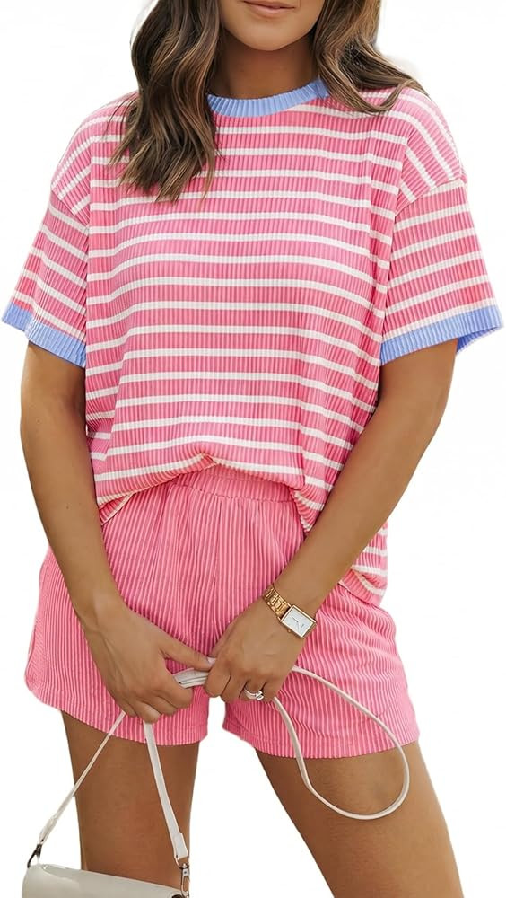 MARZXIN Women 2 Piece Shorts Set 2026 Casual Summer Cruise Outfits Ribbed Loose Short Sleeve Pock... | Amazon (US)