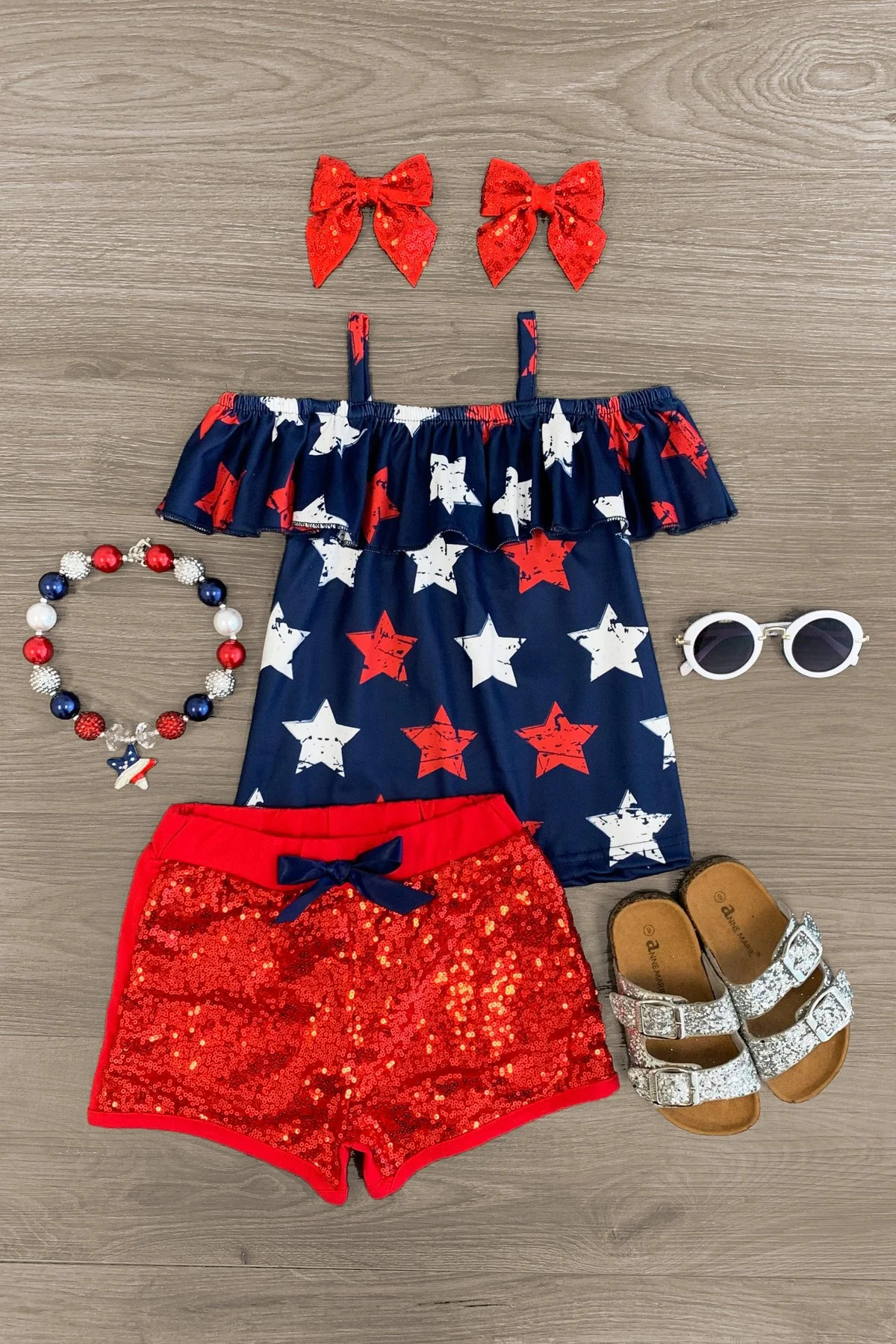 Navy & Red Stars Sequin Short Set | Sparkle In Pink
