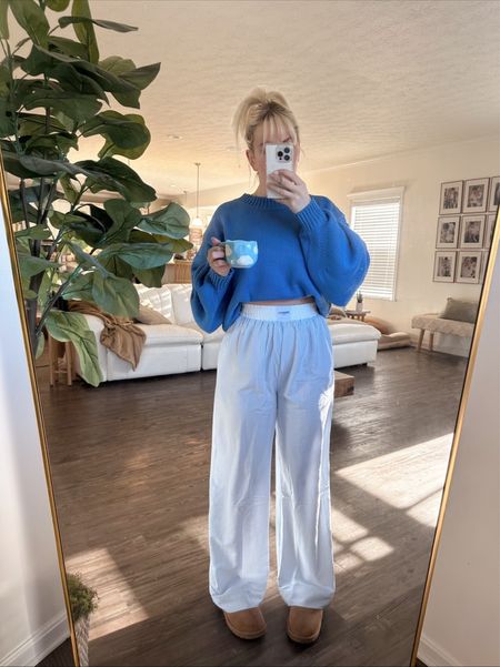 Loving this blue knit sweater! I sized up to a L for an oversized fit! Wearing size 6 in pj bottoms. Both from #princesspolly 💙 

#LTKshoecrush #LTKstyletip #LTKSeasonal