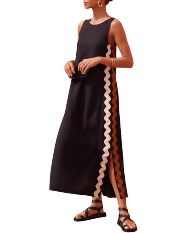 Women's Summer RIC Rac Sleeveless Maxi Dress Round Neck Side Split Scalloped Trim Beach Tank Dres... | Amazon (US)