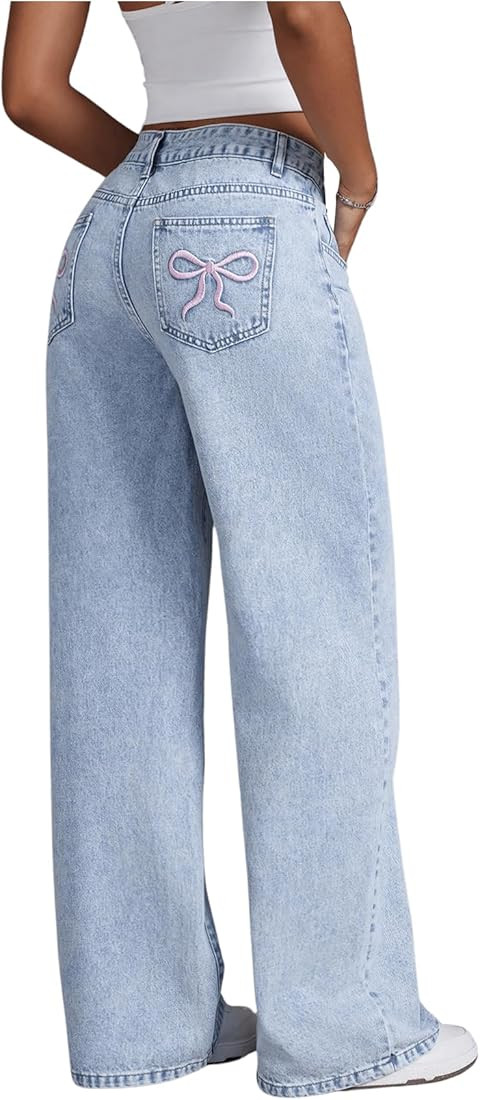 Floerns Women's Bowknot Embroidery Jeans Y2k Straight Leg Boyfriend Denim Pants | Amazon (US)