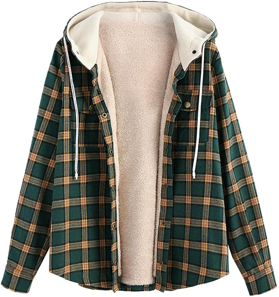 ZAFUL Women's Plaid Fleece Lined Hooded Jacket Button Up Oversized Fuzzy Coat Checkered Flannel H... | Amazon (US)