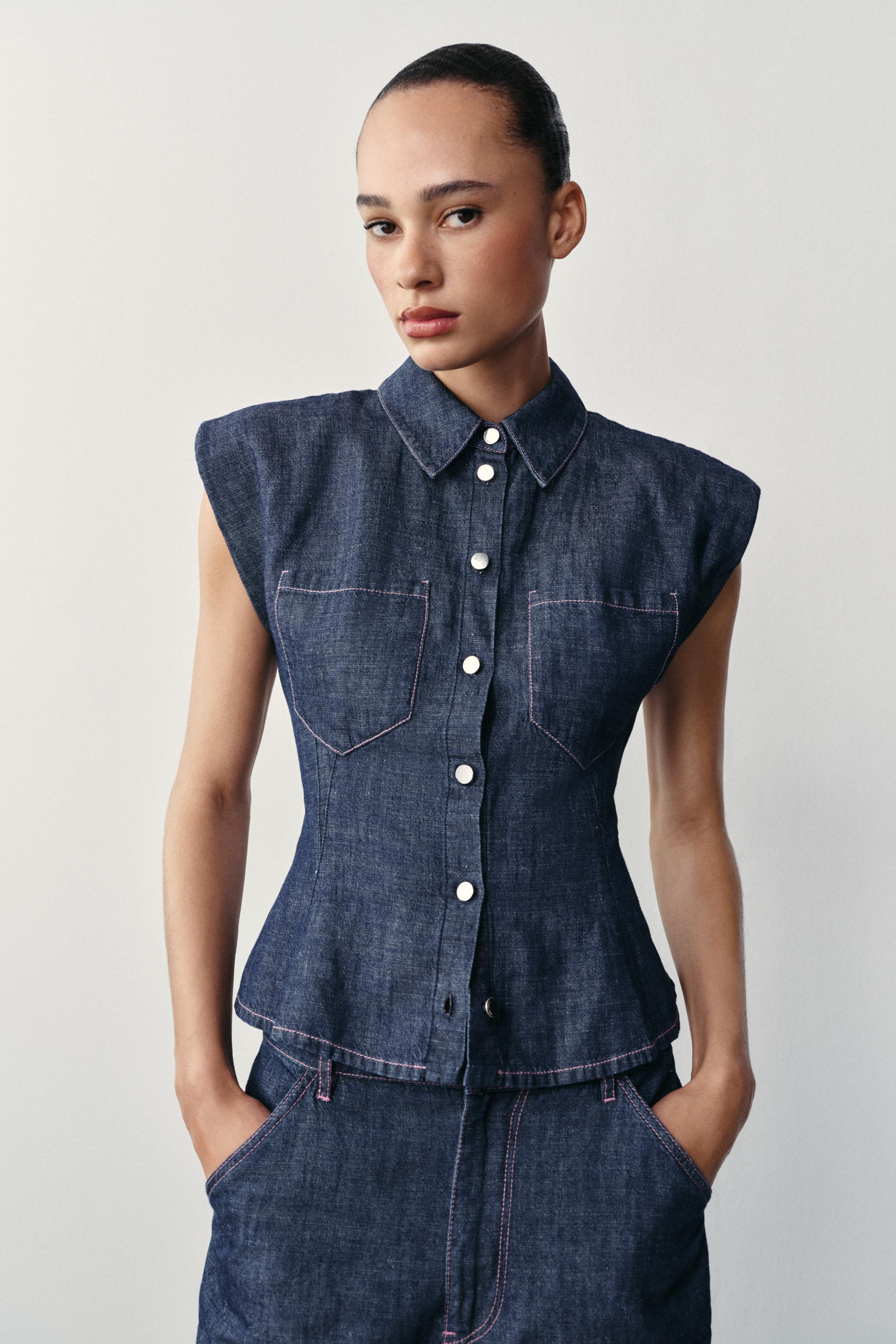 LINEN BLEND PEPLUM SHIRT WITH SHOULDER PADS | Zara US