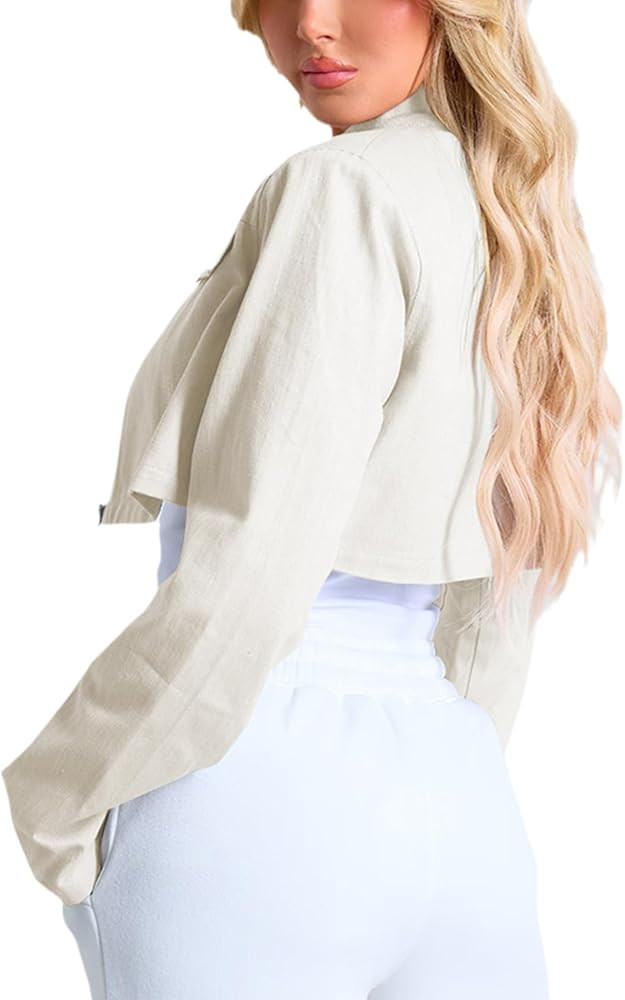 Women's Cropped Jacket Casual Zip Up Long Sleeve Lapel Crop Tops Jackets Coat | Amazon (US)