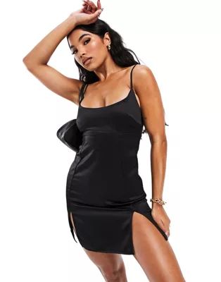 AS YOU satin square neck cami mini dress with slit front in black | ASOS (Global)