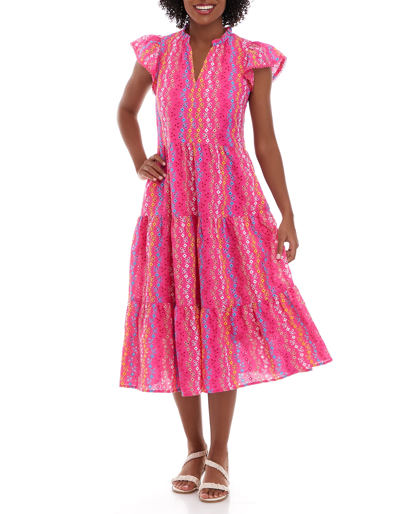 Women's Flutter Sleeve Multi Eyelet Embroidered Dress | Belk