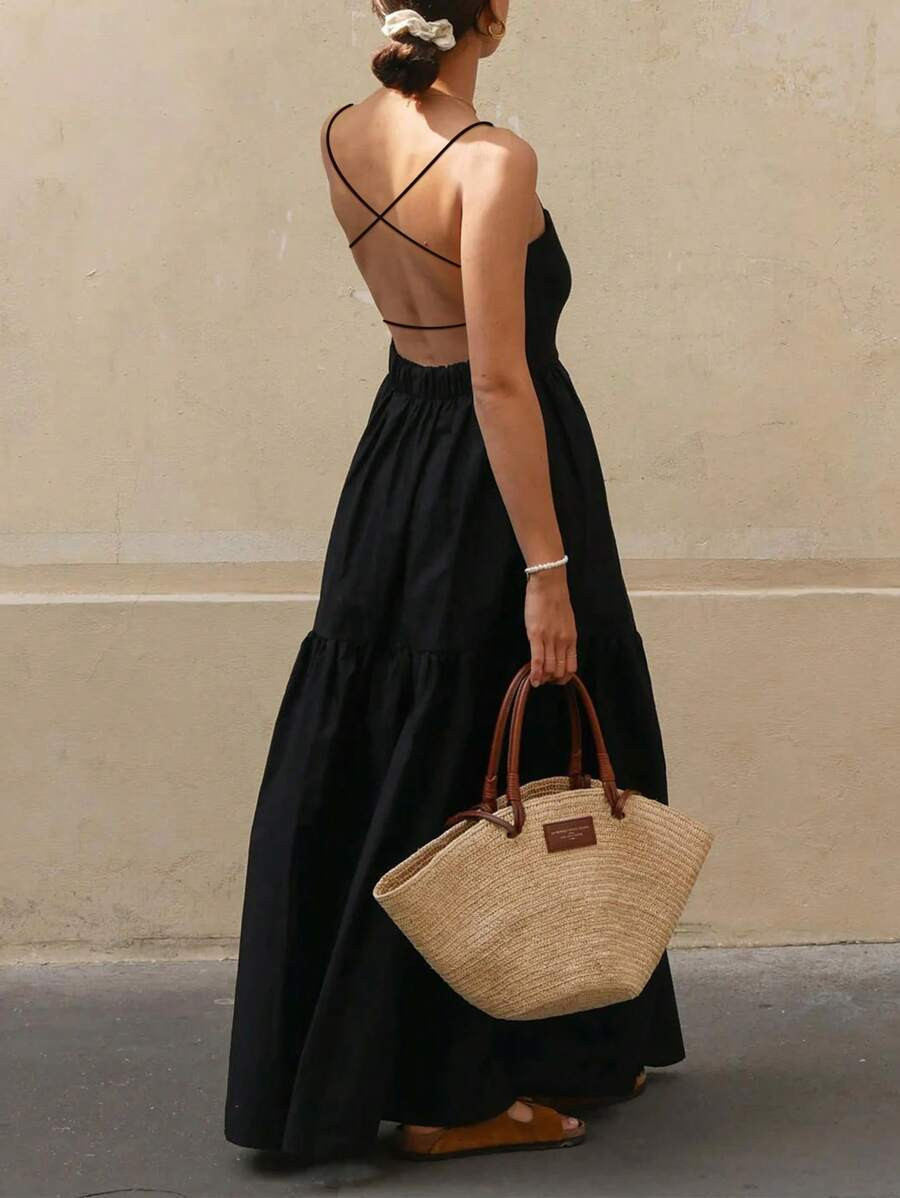 INAWLY Women's Solid Color Simple Casual Backless Spaghetti Strap Black Dress | SHEIN